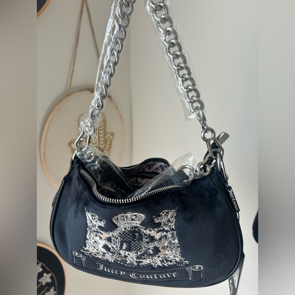 Black Scottie Dog Velour Shoulder Bag with silver chain strap
